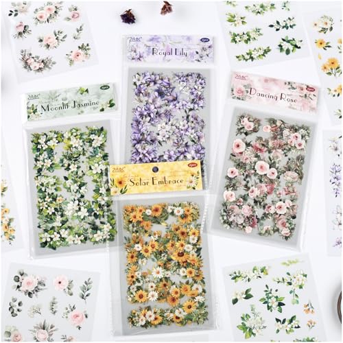 24 Sheets Transparent Flower Stickers for Scrapbooking, 4 Pack Precut PET Floral Stickers for Journaling, Watercolor Flower Style for Junk Journal Supplies, Planner, Collage and Card Making
