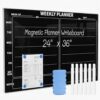 24" x 36" Magnetic Weekly Glass Planner Whiteboard Frameless Black Dry Erase Calendar for Office or Home Kitchen - Premium Tempered Glass, Horizontale Wall-Mounted (6 Markers Included)