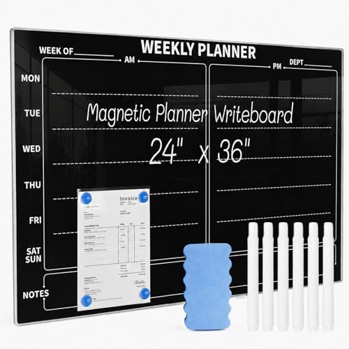 24" x 36" Magnetic Weekly Glass Planner Whiteboard Frameless Black Dry Erase Calendar for Office or Home Kitchen - Premium Tempered Glass, Horizontale Wall-Mounted (6 Markers Included)