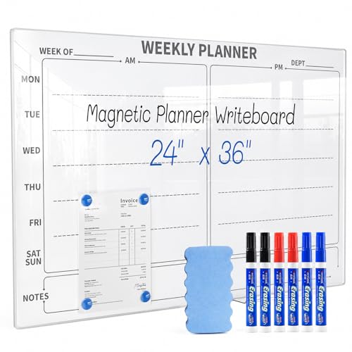 24" x 36" Magnetic Weekly Glass Planner Whiteboard Frameless Ultra-White Dry Erase Calendar for Office or Home Kitchen - Premium Tempered Glass, Horizontale Wall-Mounted (6 Markers Included)