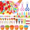 252 Pcs Summer Ice Cream Sensory Bin Filler Ice Cream Fine Motor Counting and Color Sorting Set Colorful Felt Pom Pom for Summer Sorting Counting Training Preschool Education Classroom Activities