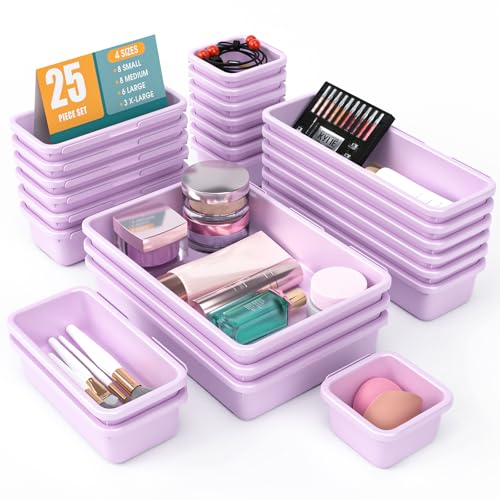 25 PCS Drawer Organizer Set, 4 Size Makeup Drawer Divider Organizer With Non-Slip Pads, Interlocking Plastic Storage Bins for Office,Jewelry Vanity,Gadgets, Bathroom,Kitchen, Purple