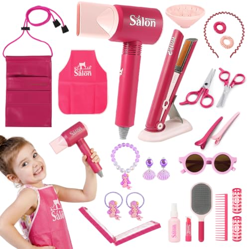 26PCS Hair Salon Toys for Girls Pretend Hair Styling Set for Kids 3-5 4-6, Role Play Dress Up Beauty Kit for Girls 5-7 6-8 with Sound and Lights, Birthday Gifts for Toddler Girls 3 4 5 6+