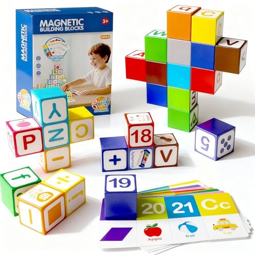 26 Pcs Magnetic Alphabet Blocks for Toddlers 1-3, ABC & Number Stacking Blocks with 9 Learning Cards, Educational Montessori STEM Toys for Kids Ages 3+ ,Montessori Toys for Boys Girls Gifts