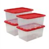 27 Gallon Clear Storage Bin with Red Snap Lid, Heavy Duty Plastic