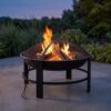 28 Inch Wood Burning Fire Pit, Outdoor Round Steel Firepit Set with Spark Screen Guard, Poker, Log Grate, Weatherproof Cover for Patio, Backyard, Camping, Tailgating, Black