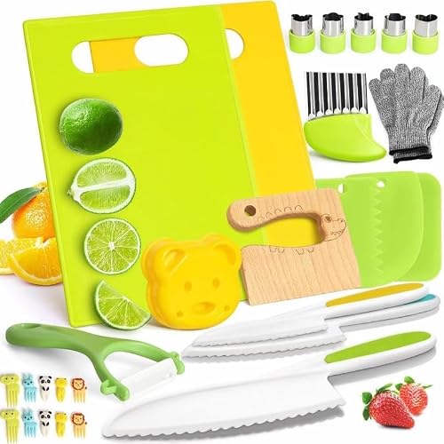28PCS Montessori-Inspired Kids Cooking Knife Set, Toddler Kitchen Tools for Real Cooking with Cutting Boards, Crinkle Cutter, Peeler, Glove, Sandwich Cutters, Fruit Forks (2, 28PCS*2)