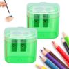 2 Hole Pencil Sharpener, Dual Hole Manual Sharpener with Lid (Green, 2pcs)