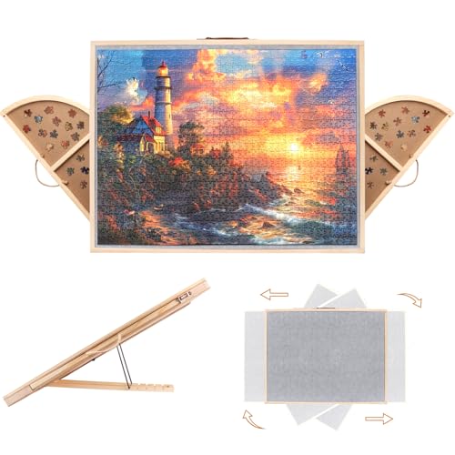2 in 1 Rotating Tilting Puzzle Board with Drawers, 1500 Piece Jigsaw Puzzle Board with Protective Cover 4 Wheels 4 Sorting Trays, Puzzle Table for Puzzle Lovers, 35 X 27 Inch
