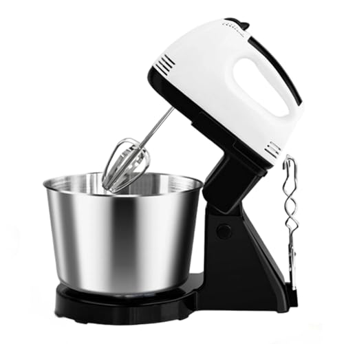 2 in 1 Stand and Hand Mixer with Stainless Steel Bowl, 7 Speed Electric Baking Mixer, Handheld Kitchen Mixer with US Plug for Whipping, Mixing, Cake, Cream, Dough, White and Black