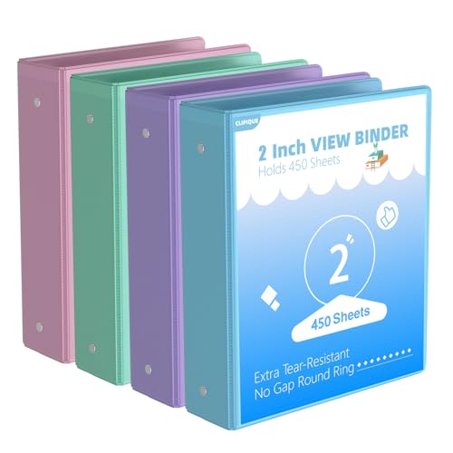 2 inch Binder 3 Ring, 4 Pack View Binder with 2 Pockets,PVC-Free,Customizable Clear View Cover for 8.5 x 11'' Letter Size Papers,Holds 450 Sheets, Round Ring