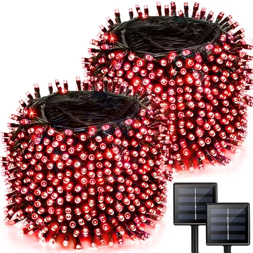2 Pack 480 LED Solar String Lights for Outside, 170 FT Super Long Solar Chrismas Lights Outdoor with 8 Modes & Memory Function, Waterproof Twinkle Light for Xmas Tree Yard Party Decorations (Red)