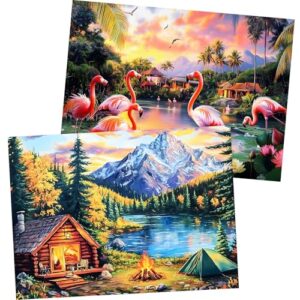 2 Pack 500 Pieces Puzzle for Adults,Snow Mountain Flamingo Jigsaw Puzzles 500 Pieces for Adults Seniors Adult Jigsaw Puzzles Games Premium Cardboard Puzzle for Relaxation Family Activity