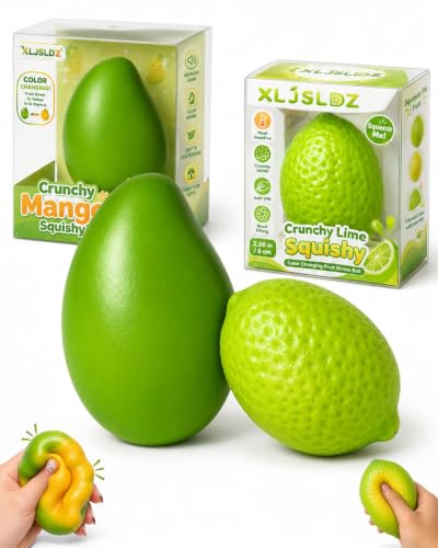 2 Pack Crunchy Squishy Set, Color Changing Mango and Lime Stress Balls, Heat-Reactive ASMR Sensory Fidget Set, Slow-Rising PU Mango with Bead-Filled TPR Lime, Novelty Desk Gift for Adults Teens
