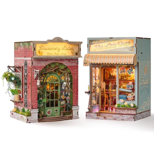 2 Pack DIY Book Nook Kits - Miniature House Kit Set Blossomary Atelier Florist Shop & The Last Drop Bar, 3D Wooden Puzzles, Touch LED Light, Bookshelf Decor Assembly Hobby Gift for Adults