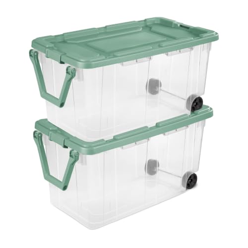 2 Pack Green 160 Quart Oversized Wheeled Storage Container, Durable Clear Rugged Storage Bin with Secure Snap Latching Lid & Pull Handle, Large Capacity Rolling Tote for Attic Garage Organization