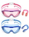 2 Pack Kids Swim Goggles with Nose Clip & Ear Plugs for Ages 3-14, Wide View Anti-Fog UV Protection Swimming Goggles for Boys & Girls