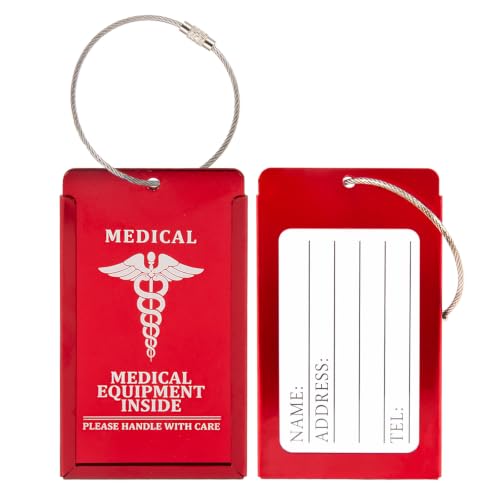 2 Pack Medical Equipment Luggage Tag with Steel Cable for CPAP/BIPAP, Medical Luggage Bag Tag with Detachable Info Card, Medical ID Alert Tag, Medical Device Luggage Tag for CPAP Travel Bag