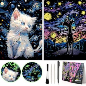 2 Pack Noctilucent Scratch Art Rainbow Painting Paper - Large Canvas 16"x 11.2", ASMR Scratch Set (Satisfying), Relaxing Scratchboard Creative Craft Set for Teens, Adult (Cat/Dog)