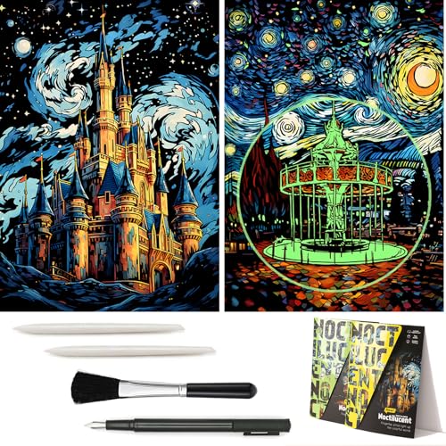 2 Pack Noctilucent Scratch Art Rainbow Painting Paper - Large Canvas 16"x 11.2", ASMR Scratch Set (Satisfying), Relaxing Scratchboard Creative Craft Set for Teens, Adults (Castle/Amusement Park)