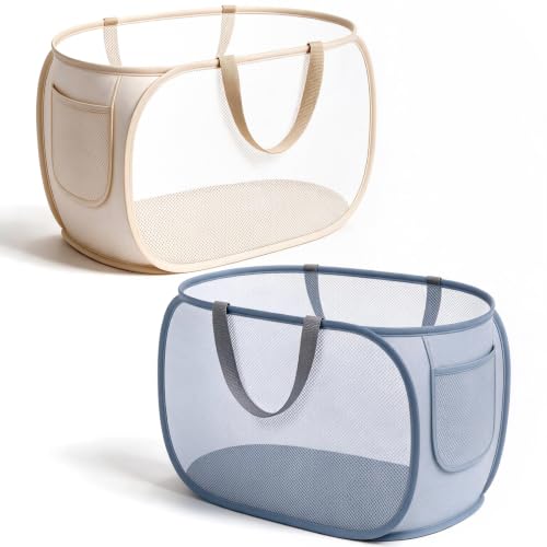 2 Pack Pop-Up Mesh Laundry Basket,2 Colors Pop Up Mesh Hamper,Opening Foldable Laundry Baskets with Durable Handle Plastic Clothes Baskets for Home College Dorm Travel Clothes Organization