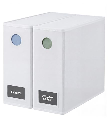 2 Pack Sheet Organizers - Foldable Storage Sheets Set Organizer for Linen Closet - King & Queen Size - Folder Keeper with Window XL - Blanket, Duvet & Pillowcases Dustproof Bedding Container - White