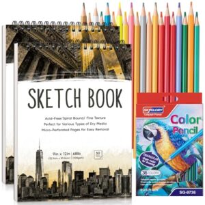 2 Pack Sketch Book with 36 Color Pencil Set, Spiral Sketchbook for Drawing (68lb/100gsm), Acid-Free Sketch Pad for Artist(9×12 inch), Art Paper Drawing Supplies for Gifts (City Style)