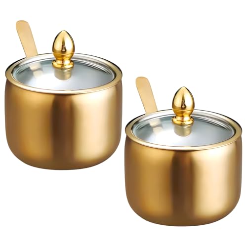 2 Pack Spice Containers with Spoon, Golden 304 Stainless Steel Seasoning Jars, Airtight Kitchen Storage for Herbs, Clear Glass Lid, Cylindrical Design for Salt, Sugar and Condiments