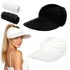 2 Pack Sun Visor Hats for Women, Wide Brim UPF 50+ UV Protection Lightweight Foldable Elastic Ponytail Cap for Summer Beach, Golf, Sports (Black + White)