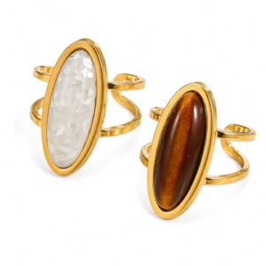 2PCS Chunky Stackable Rings Adjustable Cream Resin & Tiger Eye