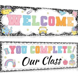 2Pcs Composition Notebook Classroom Decor 38.6 × 14 Inch Welcome Back to School Banner Girl Style Classroom Posters Welcome Sign Decor for School Wall Door Bulletin Board Supplies
