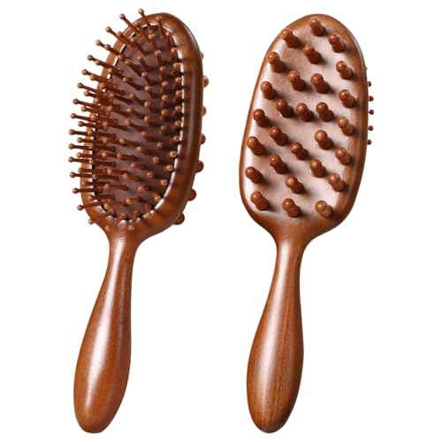2 Pcs Double-Sided Sandalwood Massage Hair Brush, Hair Growth Massager, Dual-Sided Brush for Scalp Care, Air-Cushioned Pad, Rounded Tips, Smooth Handle, Easy to Clean, Helps Reduce Frizz