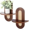 2 Pcs Floating Wall Shelves, Wall Mounted Bohemian Rattan Shelf Supports 20 Lbs, Decorative Wood Mid Century Style for Bedroom, Living Room, Laundry Room, Solid Wood Frame, Arched Panel