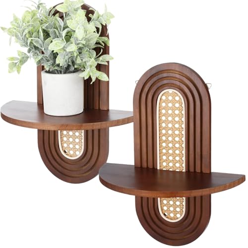 2 Pcs Floating Wall Shelves, Wall Mounted Bohemian Rattan Shelf Supports 20 Lbs, Decorative Wood Mid Century Style for Bedroom, Living Room, Laundry Room, Solid Wood Frame, Arched Panel