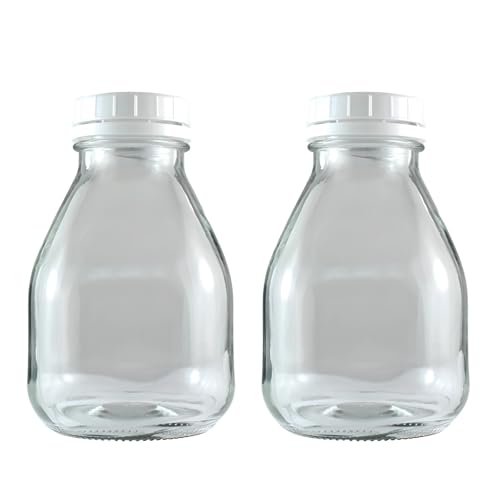 2 Pcs Glass Milk Bottles with Lids, 16 fl oz / 500 ml Square Cone Glass Creamer Container for Refrigerator, Transparent Juice Beverage Bottle with Anti-Theft Cap, Reusable, Easy to Clean