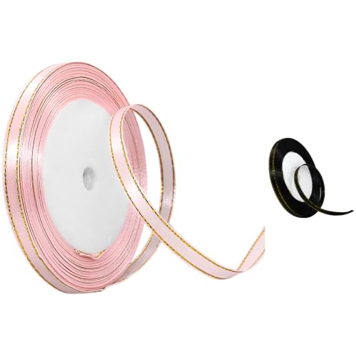 2 Pcs Gold Edge Satin Ribbon, 72.2 ft / 22 m Metallic Border Polyester Fabric Ribbons, Black and Pink, for Xmas Tree Gift Wrapping, DIY Crafts, Christmas Decor, Wedding Candy Box Bows