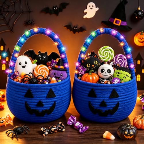 2Pcs Halloween Blue Pumpkin Trick or Treat Baskets with String Lights, Reusable Cotton Rope Woven Candy Basket with Handle, Halloween Party Favor & Storage Basket for Teens Adults