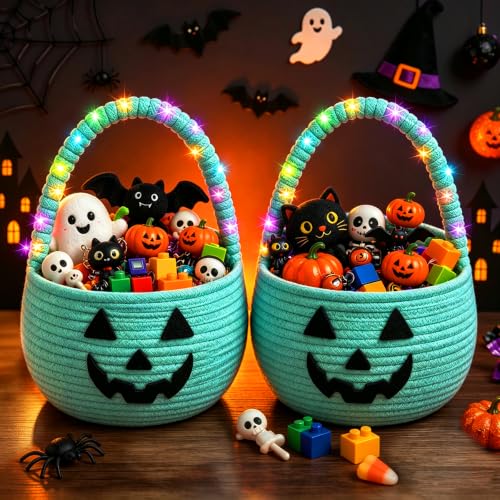 2Pcs Halloween Teal Pumpkin Trick or Treat Baskets with String Lights, Reusable Cotton Rope Woven Candy Basket with Handle, Halloween Party Favor & Storage Basket for Teens Adults
