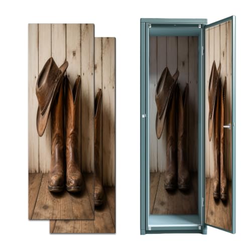 2 Pcs Locker Magnetic Wallpaper Wild West Retro Cowboy hat Pair Old Leather Boots Wooden 12" x 36" Wall Magnetic Sticker Removable Locker Accessories Decor Easy Assembly for Classroom School