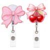 2PCS Pink Cute Badge Reel Retractable Bow Cherry Nurse Badge Holder ID Card Pink Badges Holders Name Tag Work Badges Clip for Nurse Teacher Office Work Student Gifts