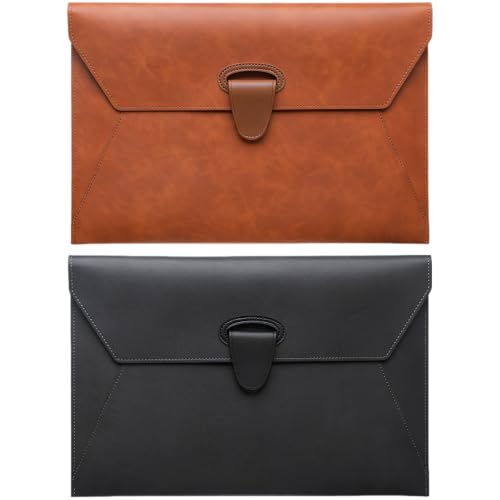 2 Pcs PU Leather File Folder, A4 Portfolio Folder Document Organizer with Metal-Gripping Snap Button Closure, Waterproof Filing Envelope Case for Business Meeting and Office, Brown