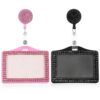 2 Pcs Rhinestone Badge Holder Horizontal, Bling Crystal ID Badge Holders with Retractable Reel Clip for Business Office School (Black and Pink)