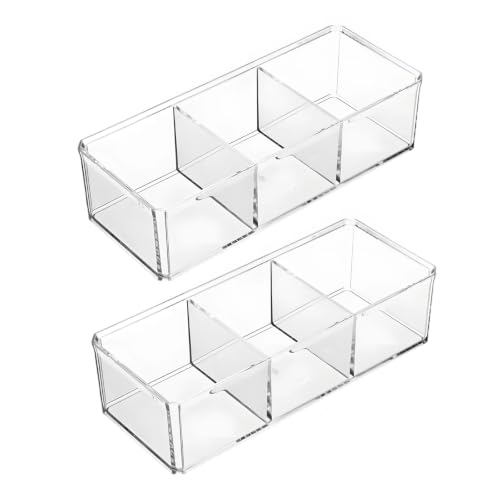2 Pcs Tea Bag Organizer, Clear Plastic 3 Compartment Tea Box, PET Tea Storage Solution, 9.2 x 3.7 x 2.5 in / 23.3 x 9.5 x 6.3 cm, Desktop Organizer Box for Vanity and Countertop