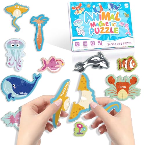 2 Piece Puzzles for Toddlers 1-3 - 17 Self-Correcting Sea Animal Magnetic Matching Puzzle for Toddler 1-3 for Fridge & Whiteboard, Heads and Tails Toddler Puzzle, 2 Piece Puzzles for Toddlers 1-3