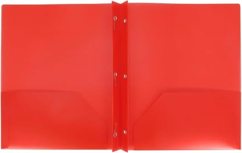 2 Pocket Plastic Folder with Prongs, Red, Letter Size, Heavy Duty Poly Report Cover with 3 Hole Metal Fasteners and Diagonal Cut Pockets, Durable Document Organizer for School and Office