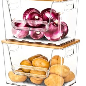 2 Set Pantry organizers and Storage,Trash Bag Holder Under sink Organizer for 4-13 Gal Bags,Trash Bag Dispenser with Bamboo Lids and Stackable Clear Bins for Potato, Onion, Garlic, Fruit, Vegetables