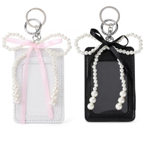 2 Sets Photocard Holder with Pearl Bow Cute Badge Holders, Cute Transparent PhotoCards Display Holders Photo Card Holder Acrylic Photocard Sleeves for Bus ID Bank Idol Card Case