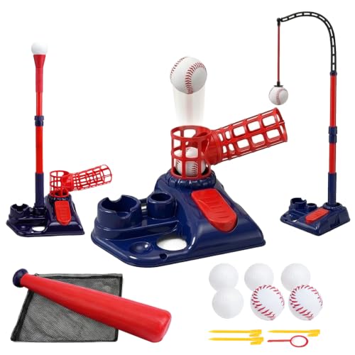 3-in-1 Baseball Soft Toss Machine Set for Kids 3-8, T Ball Set with Step-On Pitching Machine, Adjustable Baseball Tee, Hanging Stand & 6 Balls - Outdoor Sport Gifts for Boys Girls