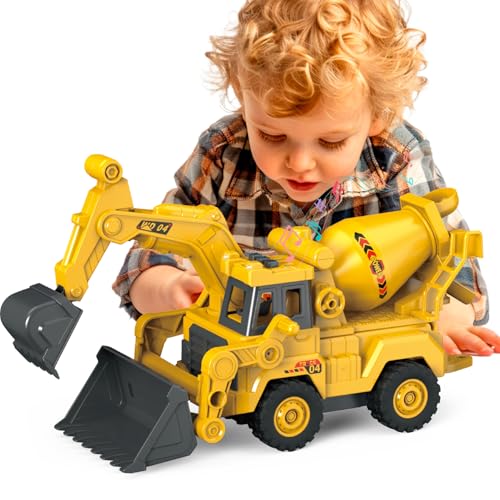 3-in-1 Construction Truck Toy, Excavator & Bulldozer & Cement Mixer, Working Digger Arm, Front Push Blade & Rotating Mixing Drum, Inertia-Powered Push-and-Go, Sandbox Vehicle for Boys Girls Age 3+