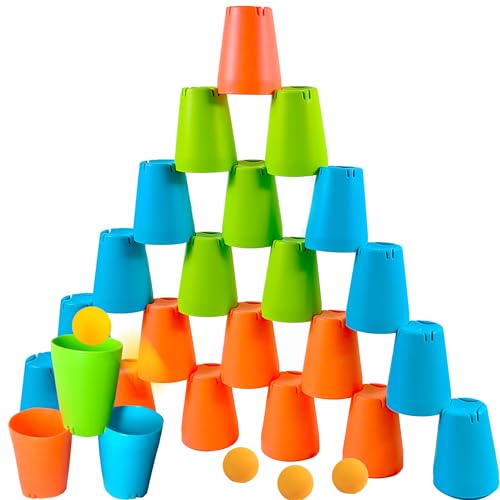 3-in-1 Cup Stacking Set; Toddler to Young Kids Quick Stacking Cups Game; Montessori Stackable Cups to Develop Hand-Eye Coordination, Motor Skills and Creative Play; Stack Cups and Ball Game; Ages 3+
